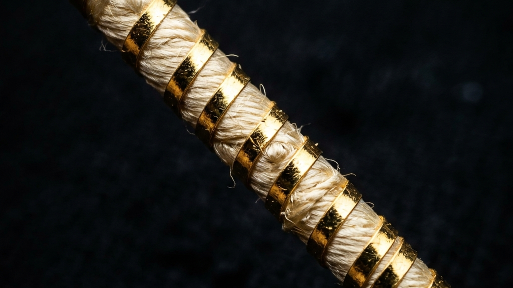 練絹の芯糸に対して0.3ミリ幅の平箔を螺旋状に巻き付ける撚糸屋の芯撚り工程