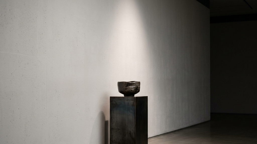 ロンドンのモダンなギャラリー空間に静かに佇む、極限にまで削ぎ落とされた日本の工芸品