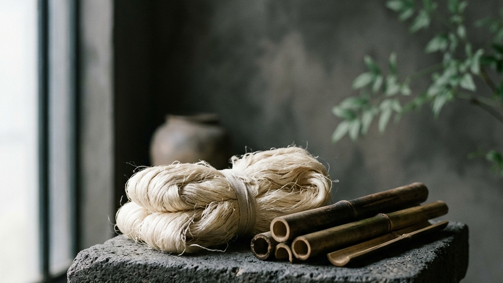 竹や絹のような天然素材が暗い石の上に配置され、柔らかい自然光に照らされるミニマルな写真