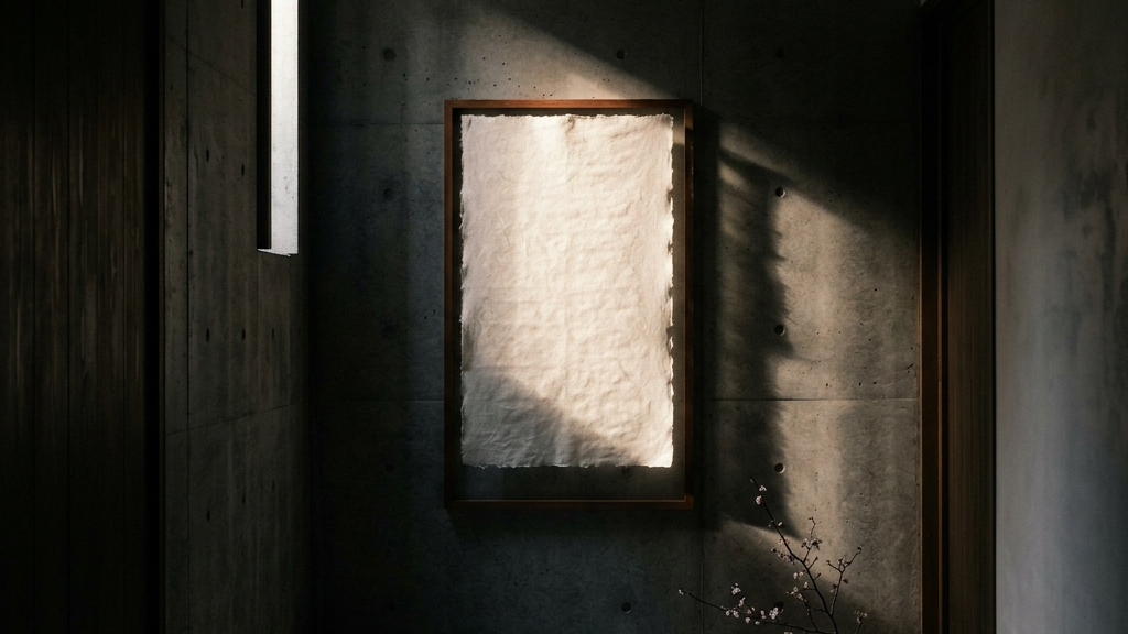 極限まで洗練された空間の中で、一枚の和紙が一条の光を浴びて柔らかな影を生み出すミニマルな情景