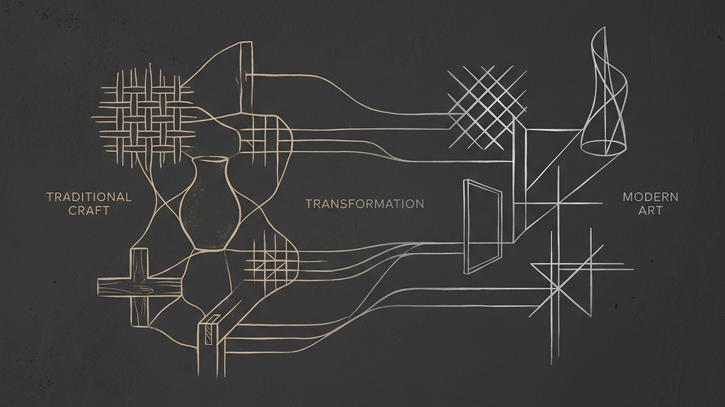 伝統工芸が機能的な日用品から現代のコンセプチュアルなアートピースへと構造的に移行する様子を示す、ミニマルな概念図