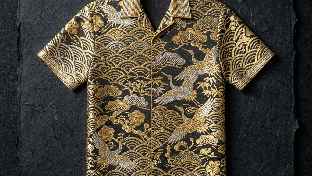 重厚な漆黒の背景に浮かび上がる、本金糸を用いた光輝く西陣織アロハシャツのシルエット