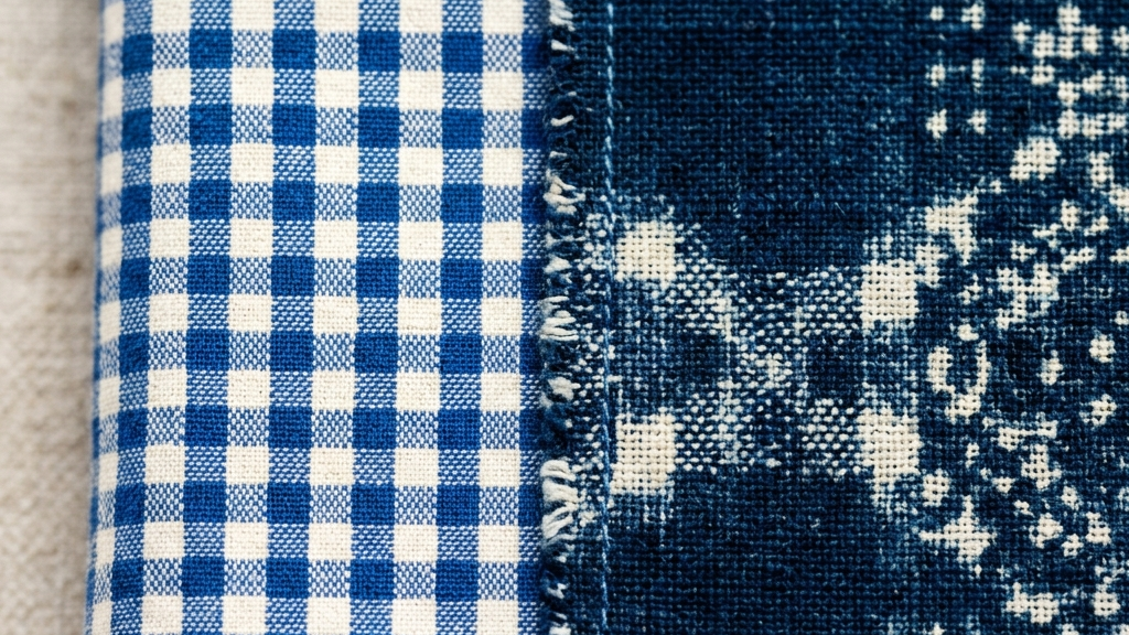 青と白の格子柄パラカ布と緻密な絣（かすり）のテクスチャが交差するマクロ写真