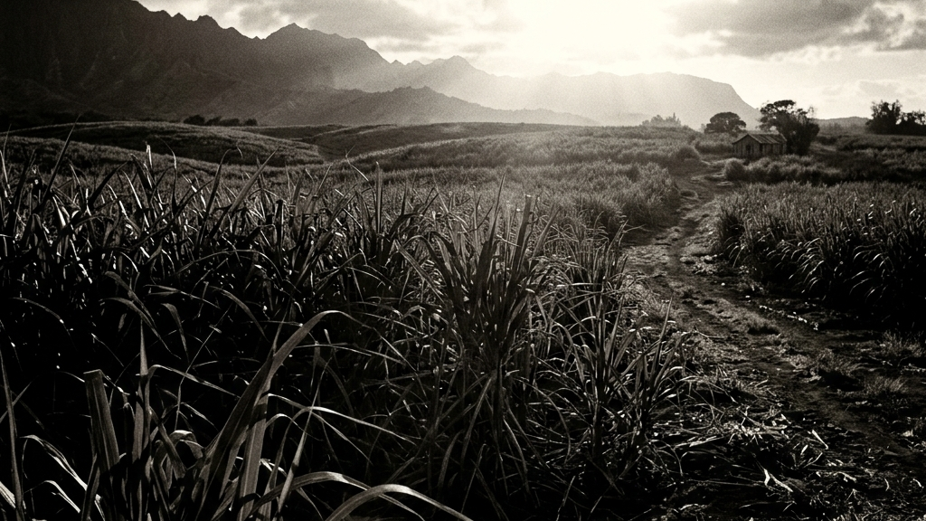 鋭利な葉が茂る広大なサトウキビ農園と強烈な日差しのモノクローム写真
