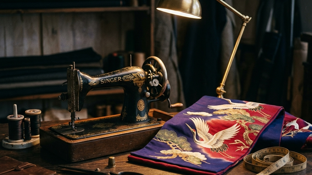 重厚なアンティークのミシンと和絹が置かれたテーラーのデスク