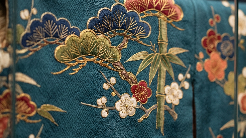 鮮やかな色彩で描かれた松竹梅のモチーフとヴィンテージ富士絹の接写