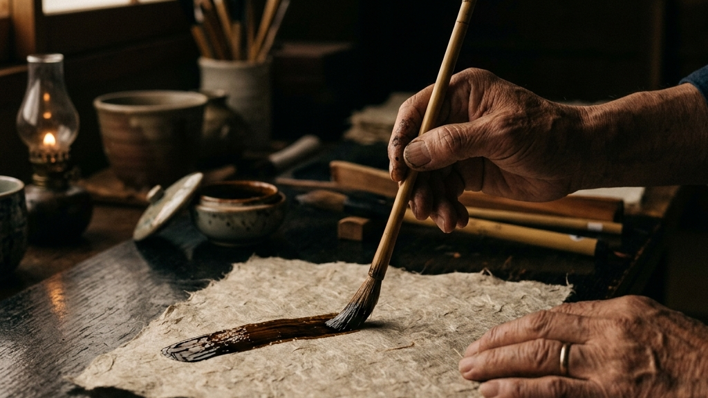 三椏和紙の表面に薄く本漆を引いて強靭な高分子土台を構築する工程