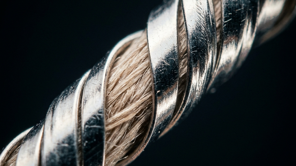 絹芯糸に対して45度の確度で螺旋状に巻き付くプラチナ箔糸の三次元曲面