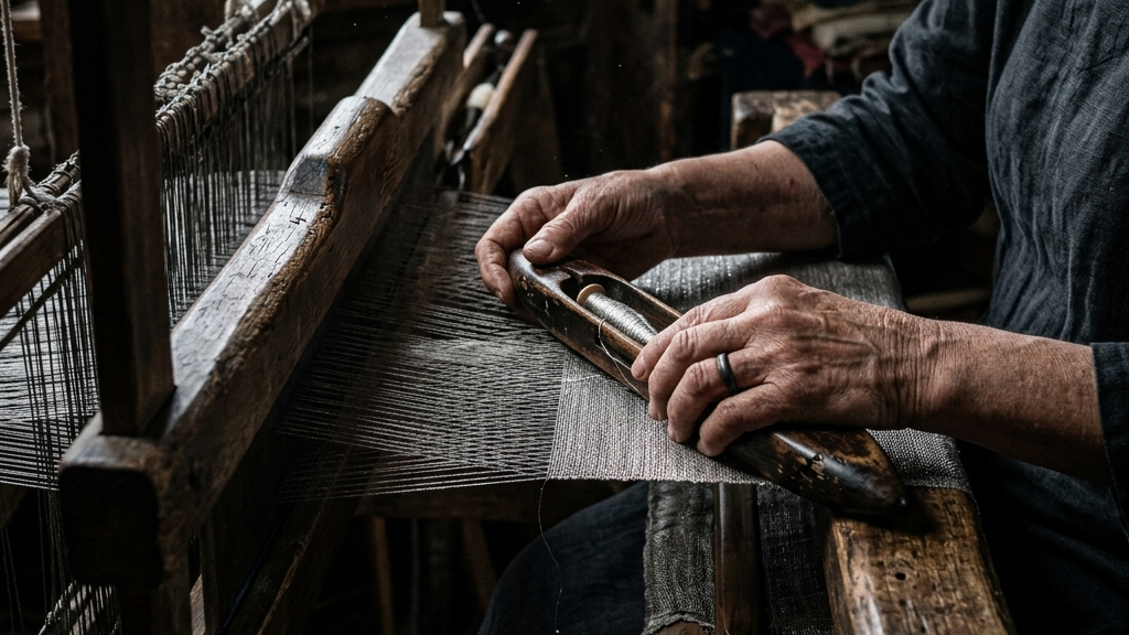 職人が筬と木製杼を操りながらミリ秒単位の張力を肌感覚で調整する機織り