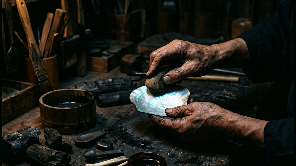 真珠層の切削と漆による定着・研磨工程