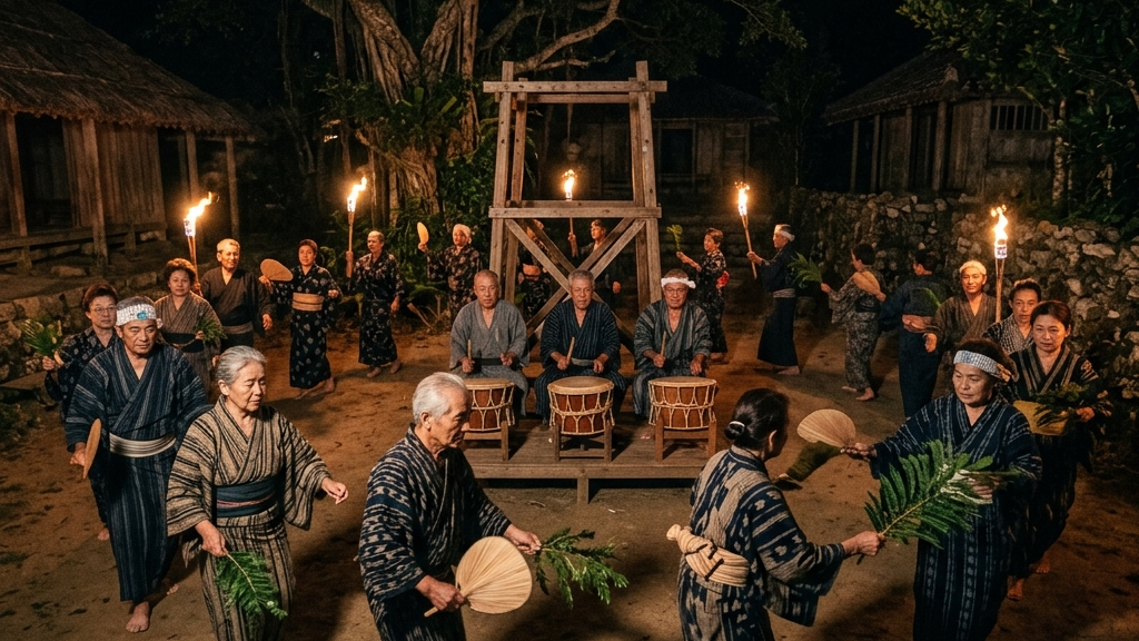 奄美大島大和村の八月踊り、集落の夜に響き渡る唄と太鼓の輪