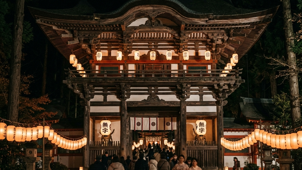 無数の提灯が照らす復興を遂げた阿蘇神社の楼門