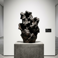 ギャラリー空間に展示された抽象的で現代アートのような備前焼のオブジェ