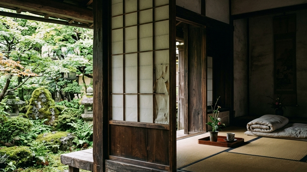 静寂に包まれる築300年の伝統的木造家屋と差し込む自然光