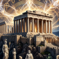 ギリシャの荘厳な神殿と文化遺産や美術品が法律によって保護される概念を示す抽象的なアート