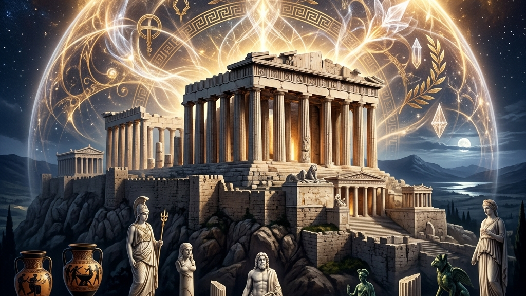 ギリシャの荘厳な神殿と文化遺産や美術品が法律によって保護される概念を示す抽象的なアート