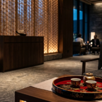 ラグジュアリーホテルのロビーに溶け込む香川の伝統的工芸品と美しい組手障子の空間演出