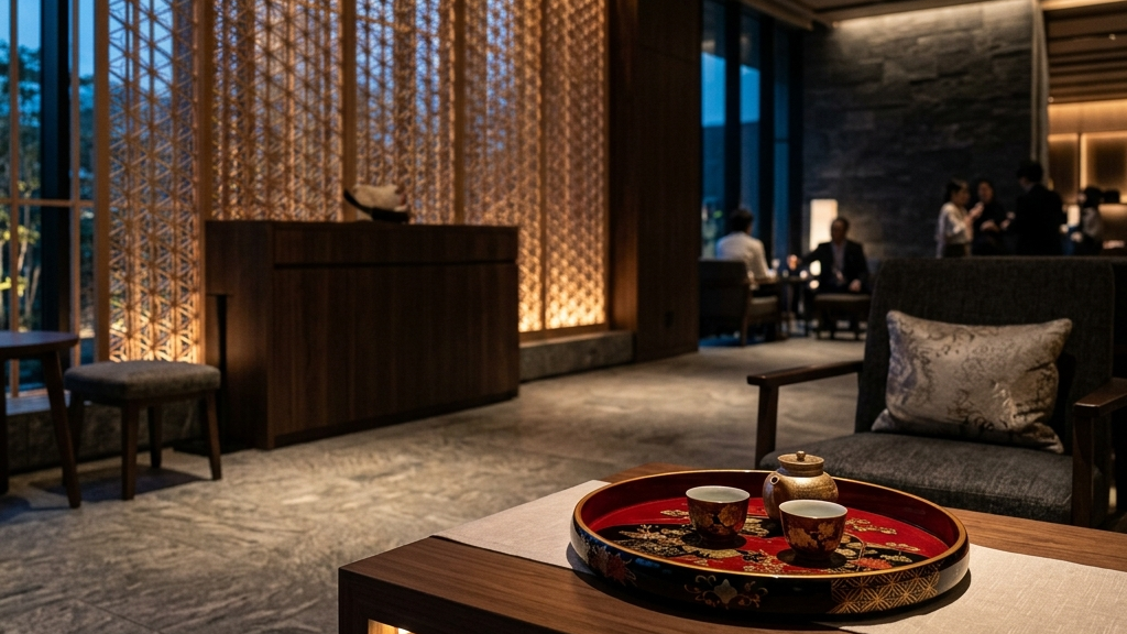 ラグジュアリーホテルのロビーに溶け込む香川の伝統的工芸品と美しい組手障子の空間演出