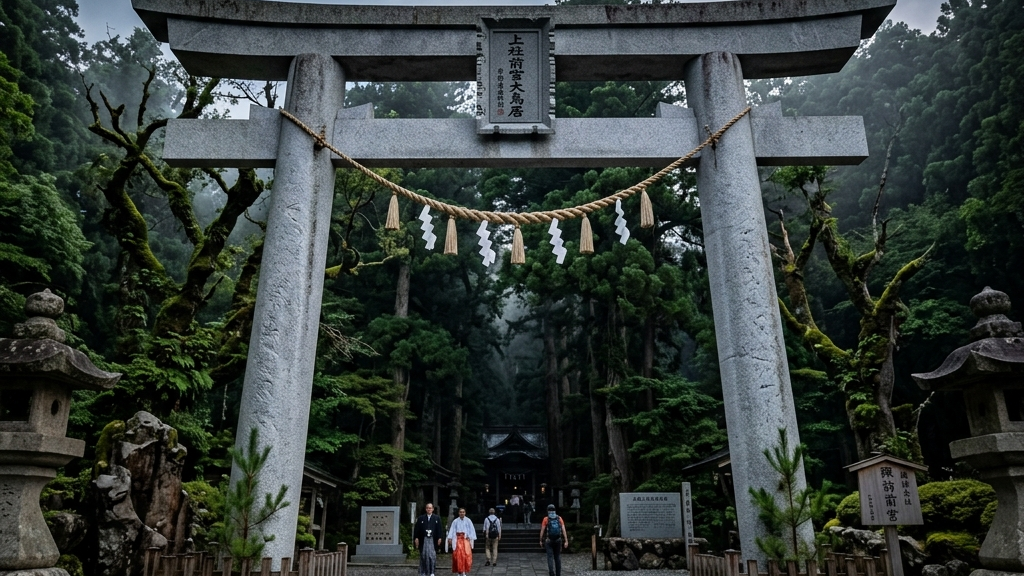 中能登町・鎌宮諏訪神社の再建された御影石の鳥居と鎌打ち神事の祈り