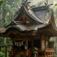 無数の層をなす檜皮葺の屋根と、歴史を刻む岡太神社・大瀧神社の社殿の静謐な風景
