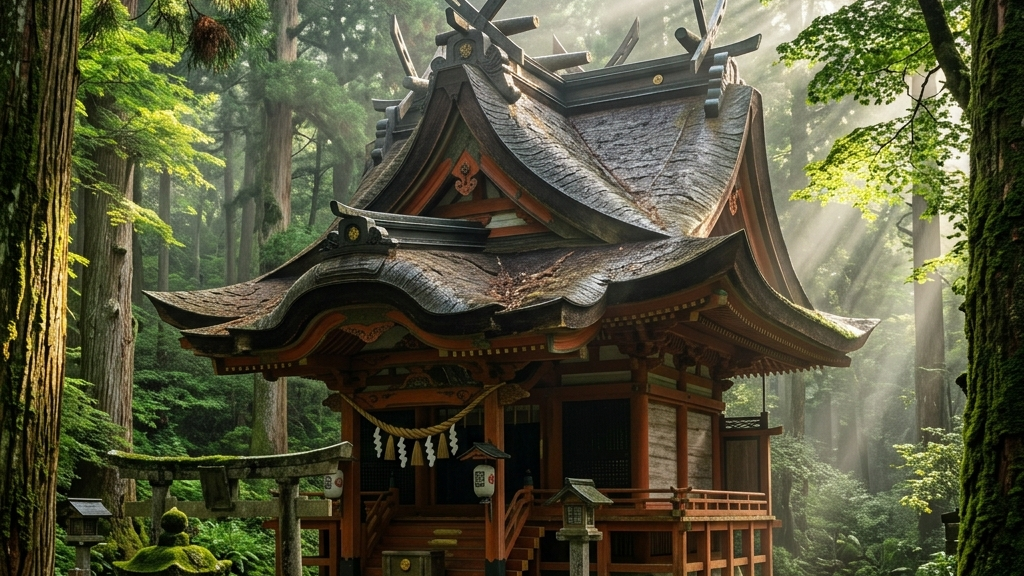 無数の層をなす檜皮葺の屋根と、歴史を刻む岡太神社・大瀧神社の社殿の静謐な風景