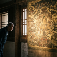 薄暗い堂内に差し込む光に照らされる、室町時代の古い仏教絵画とそれを覗き込む人影
