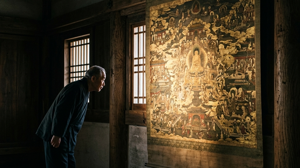 薄暗い堂内に差し込む光に照らされる、室町時代の古い仏教絵画とそれを覗き込む人影