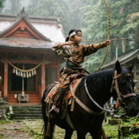 佐渡の日吉神社で流鏑馬の弓を引く少女の姿と、500年の歴史を見守る鎮守の森の静謐な情景