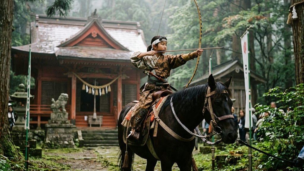 佐渡の日吉神社で流鏑馬の弓を引く少女の姿と、500年の歴史を見守る鎮守の森の静謐な情景