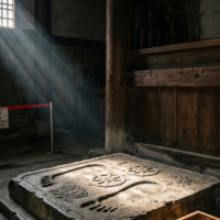 静寂の堂内に安置された仏足石に差し込む一筋の光と影。文化財保護の現在地を暗示するコンセプチュアルアート