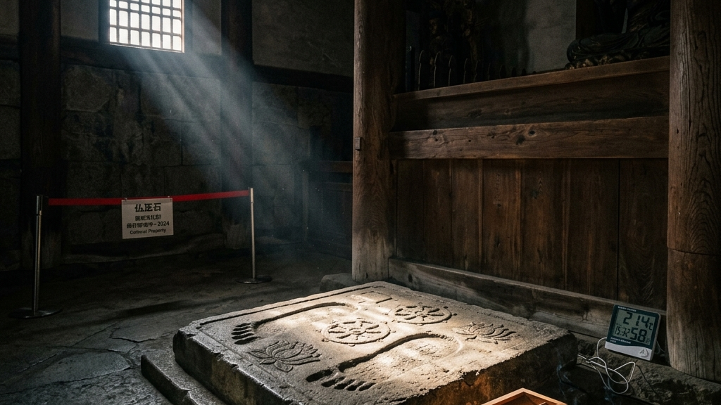 静寂の堂内に安置された仏足石に差し込む一筋の光と影。文化財保護の現在地を暗示するコンセプチュアルアート