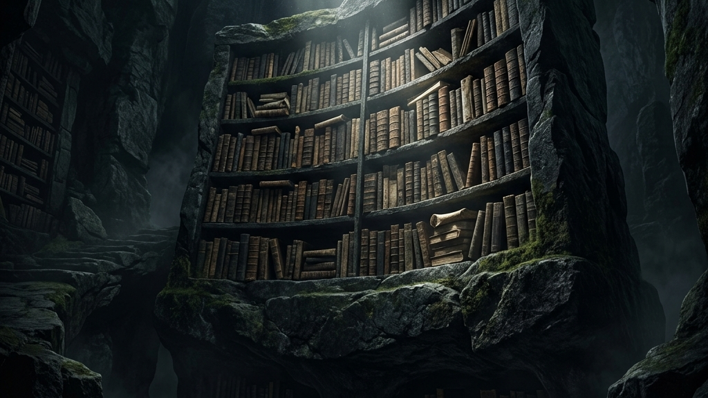 静寂に包まれた歴史的書庫に差し込む一筋の光、時間を封じ込めたような重力のある構図