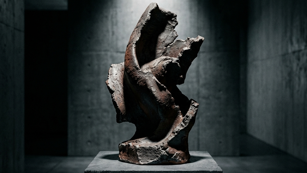 佐賀玉屋の展示室に置かれた前衛的な造形の備前焼中本研之作品とスポットライト