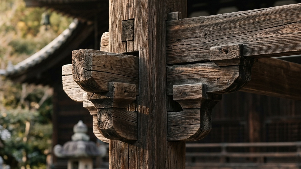 緻密な木組みと歴史の深さを感じさせる伝統建築の柱のディテール