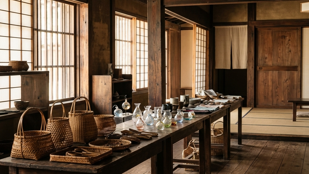 景観重要建造物である旧開雲堂の内部空間と、静かに陳列された手仕事による工芸品の展示風景