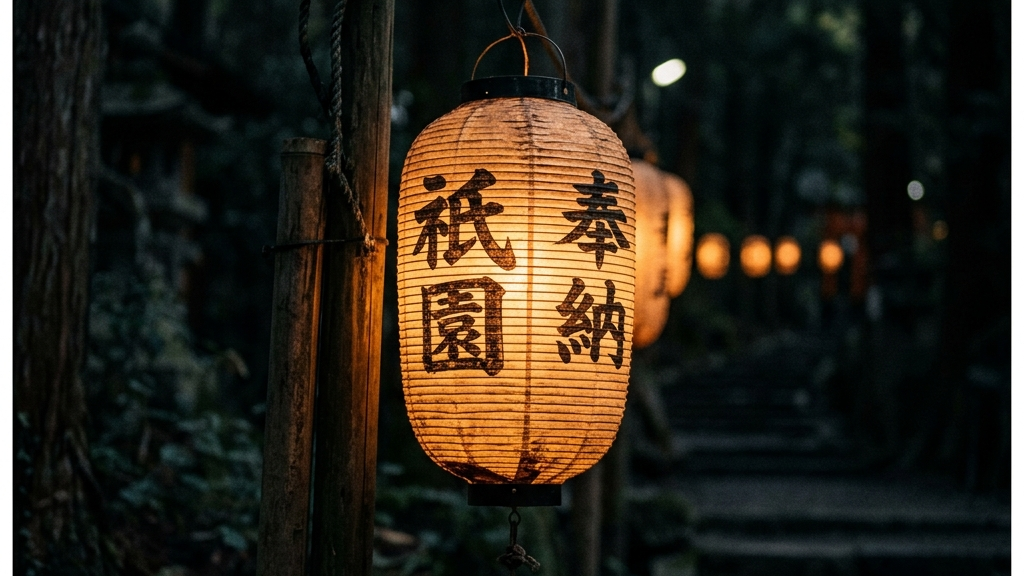 深い夜の闇に浮かび上がる無数の提灯と鎮守の森