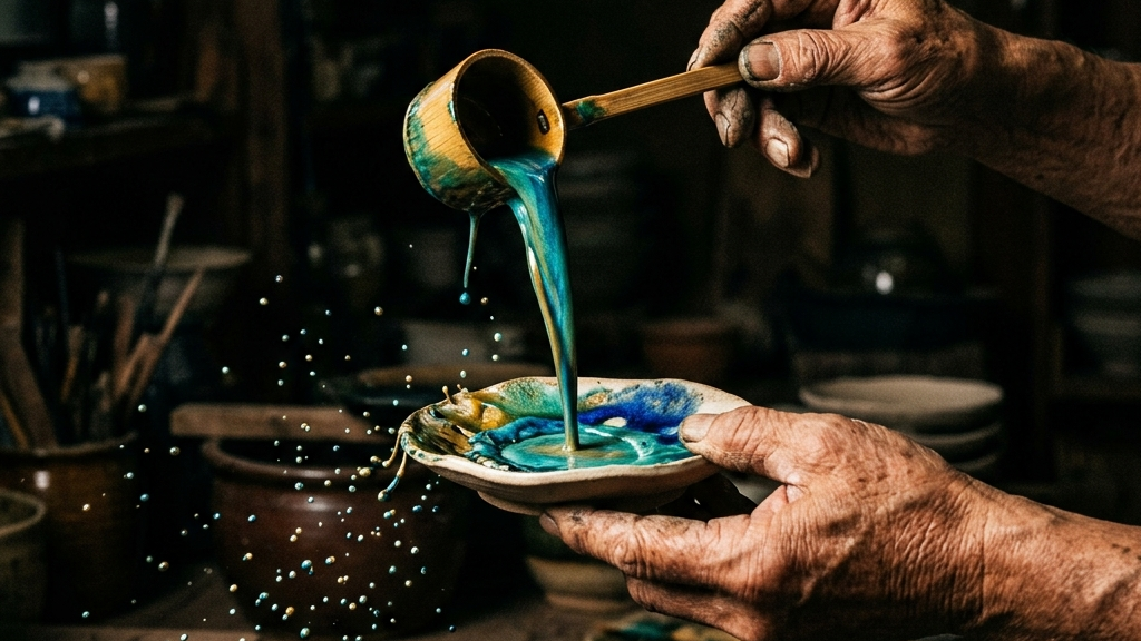 柄杓で丁寧に釉薬をかけられる益子の土の質感