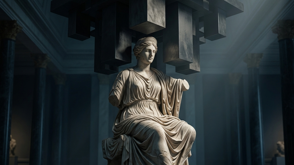重厚な法の精神と、永遠の価値を持つ大理石の彫刻が交差する象徴的なビジュアル