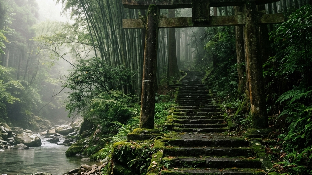 苔むした石段と木漏れ日に浮かび上がる岡太神社の鳥居