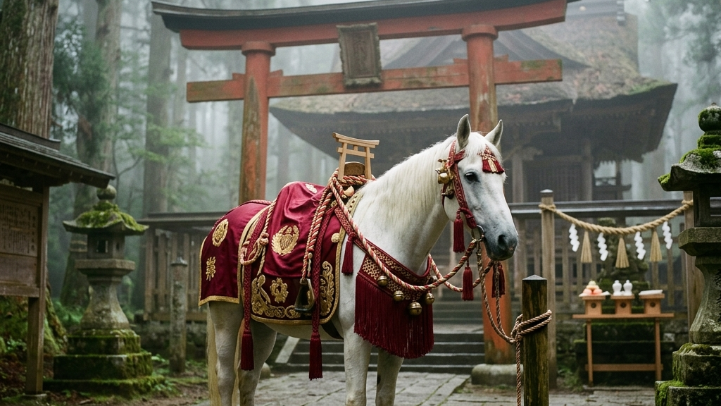 深い霧に包まれた佐渡の古社と、歴史の重みを感じさせる神馬の装束
