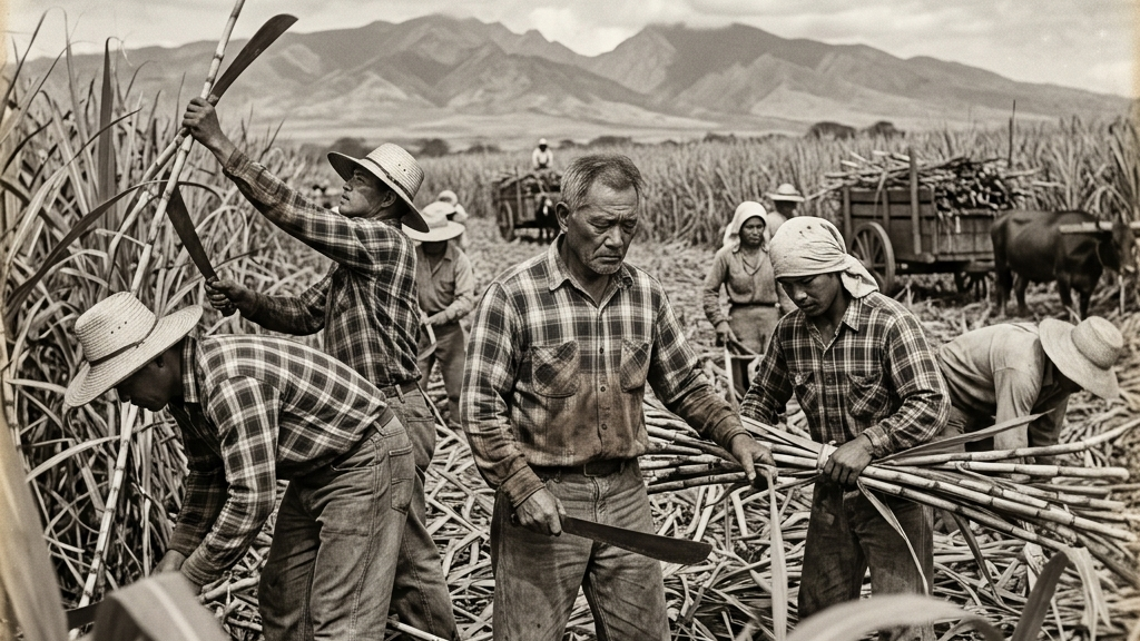ハワイのサトウキビ畑とパラカシャツを着た移民のセピア色の情景