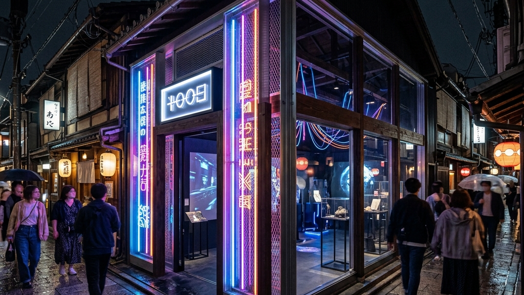 ネオンの光が黒い瓦に反射する都市空間のポップアップショップ