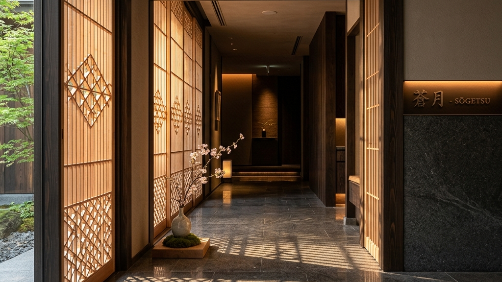 朝の光が差し込むレストランのエントランスに設置された伝統的な組手障子