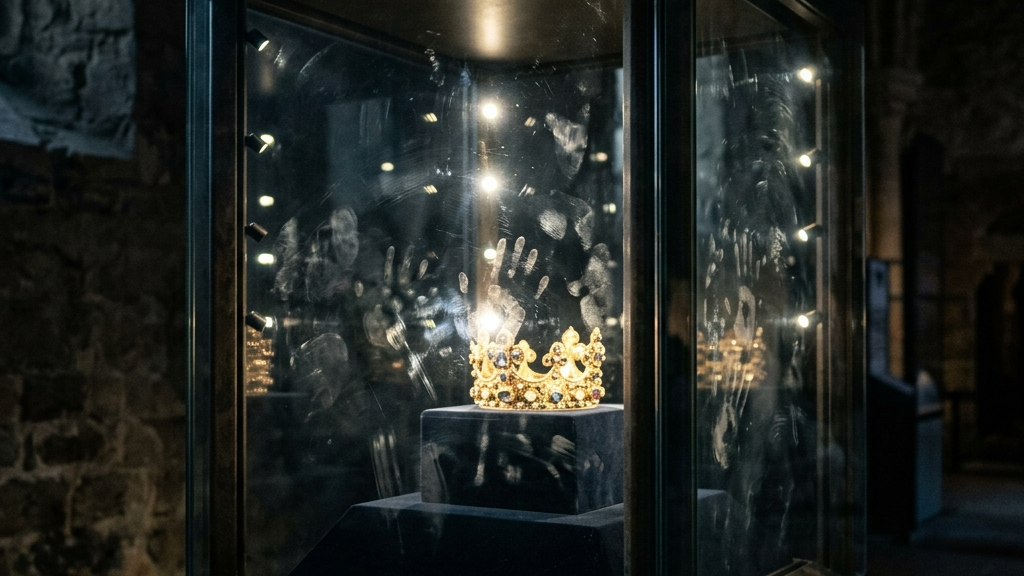 現代の保護システムと、それをすり抜ける人間の行為の対比を描く抽象的写真