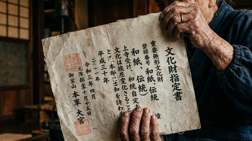 無形民俗文化財の指定書を手にする大和村の4集落の区長たち