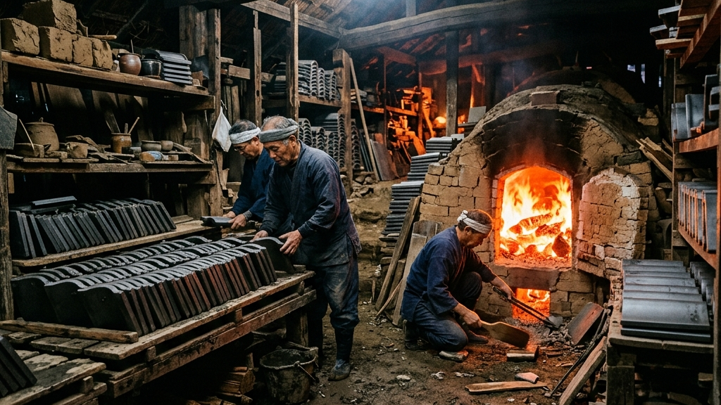 薄暗い工房で燃え上がる古風な窯の炎と金属的な底光りをする瓦たち