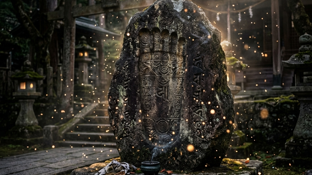 長い年月を経て蓄積された威厳と神聖さ（アウラ）を感じる仏足石と光の粒子