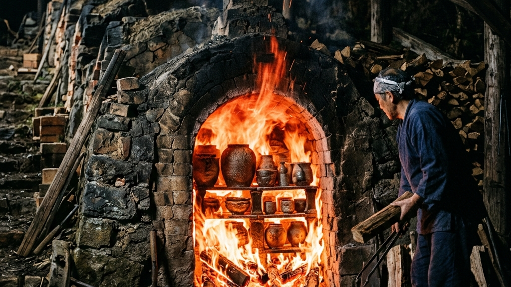 赤松の薪が燃え盛る暗い登り窯の内部と赤く熱された備前焼の窯変