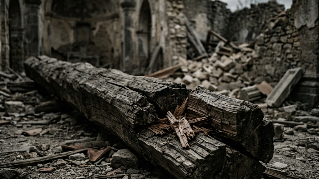 2016年の熊本地震本震によって全倒壊した直後の阿蘇神社楼門の爪痕