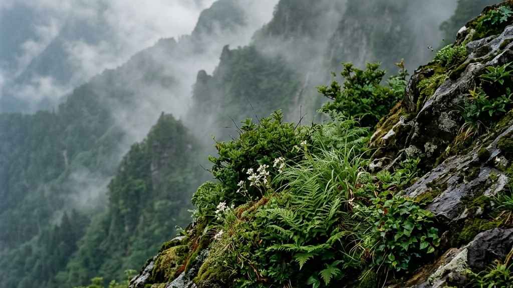 深い霧に包まれた越前の山肌に、自生する生命力豊かな植物群が岩間から顔を出している様子